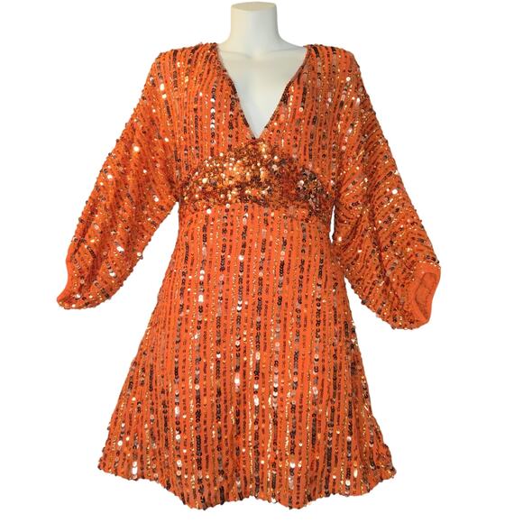 Free People Women XS Mini dress Celeste Orange Sequin Stars Celestial Event Prom - Picture 1 of 15